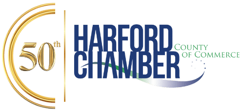 Harford County Chamber of Commerce 50th anniversary logo with gold circular 50 and blue text