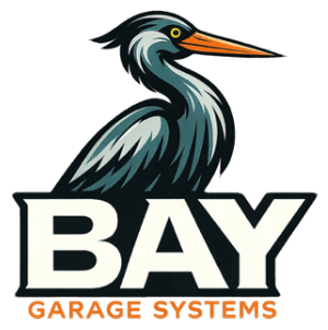 Company logo for BAY Garage Systems with a stylized blue heron above bold BAY text and orange GARAGE SYSTEMS.
