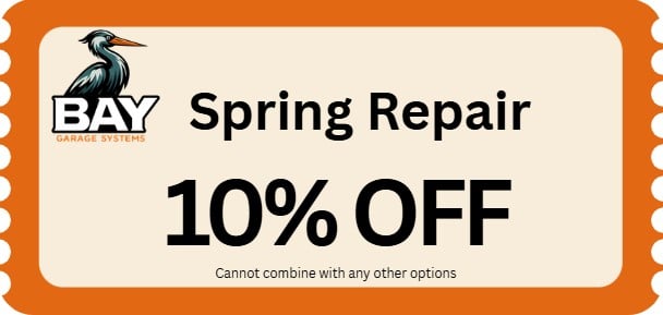 Coupon banner for Bay Garage Systems: Spring Repair, 10% off; cannot be combined with other offers.