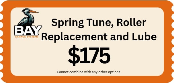 Bay Garage Systems coupon: Spring tune, roller replacement and lube for 5 with Bay logo and orange border