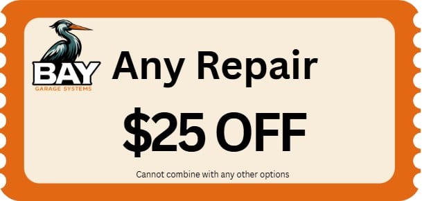 Bay Garage Systems coupon offering  off any repair; cannot be combined with other offers.